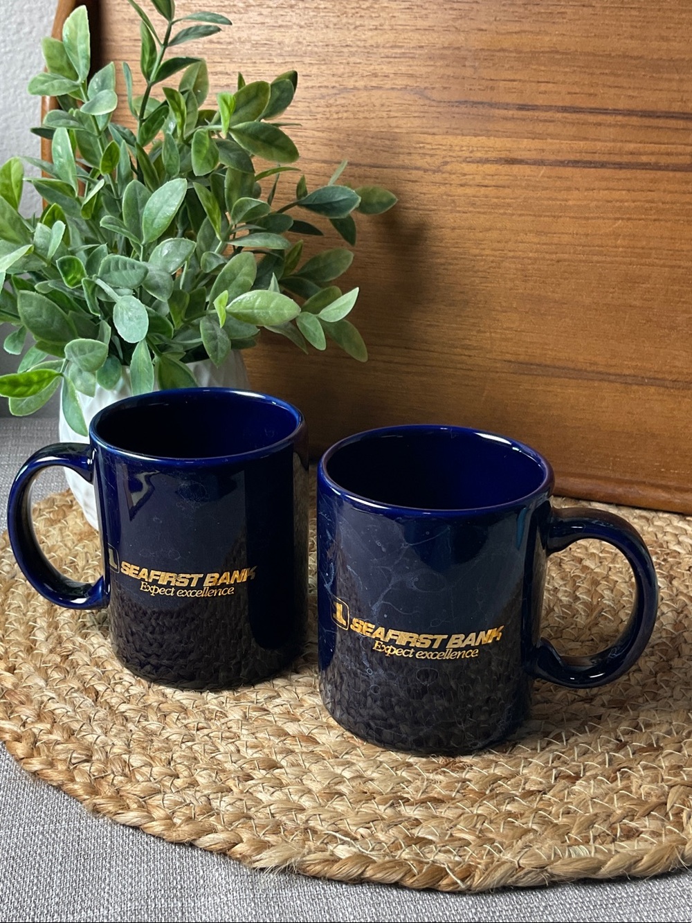 Vintage SeaFirst Bank Coffee Mug Pair Blue Corporate Promo Washington Set of 2